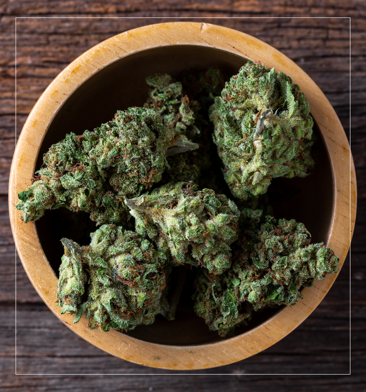 Bowl of green cannabis buds on wood.